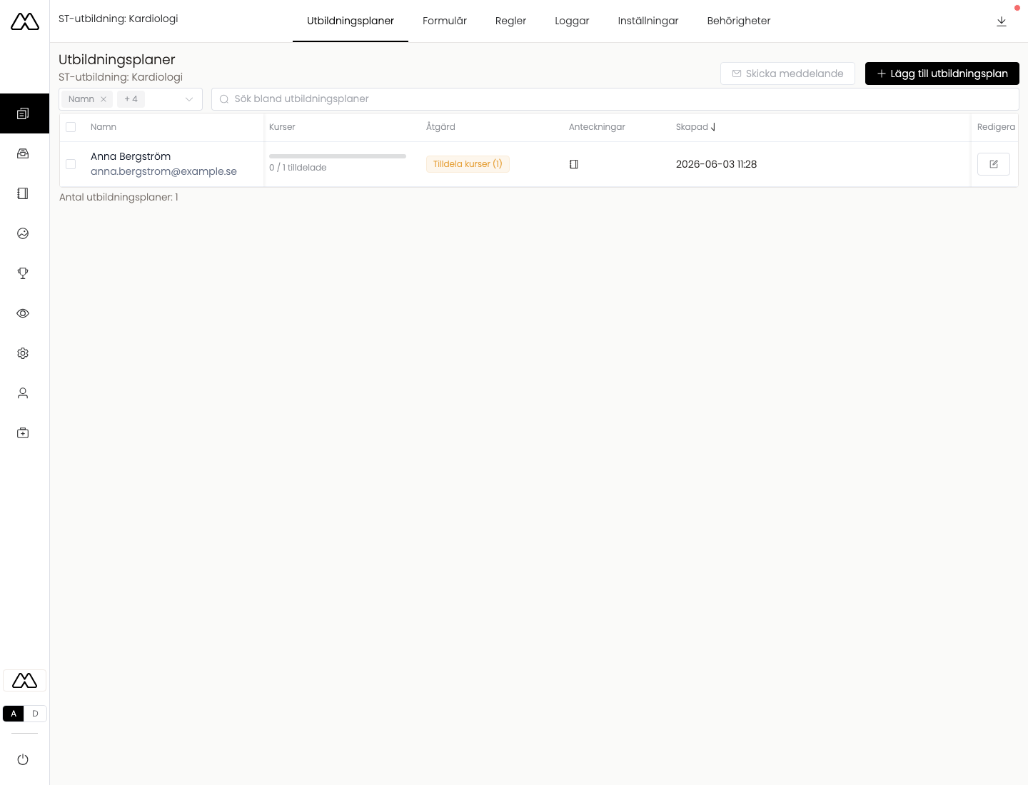 Utbildningsplaner med en deltagare och progressionsstatus