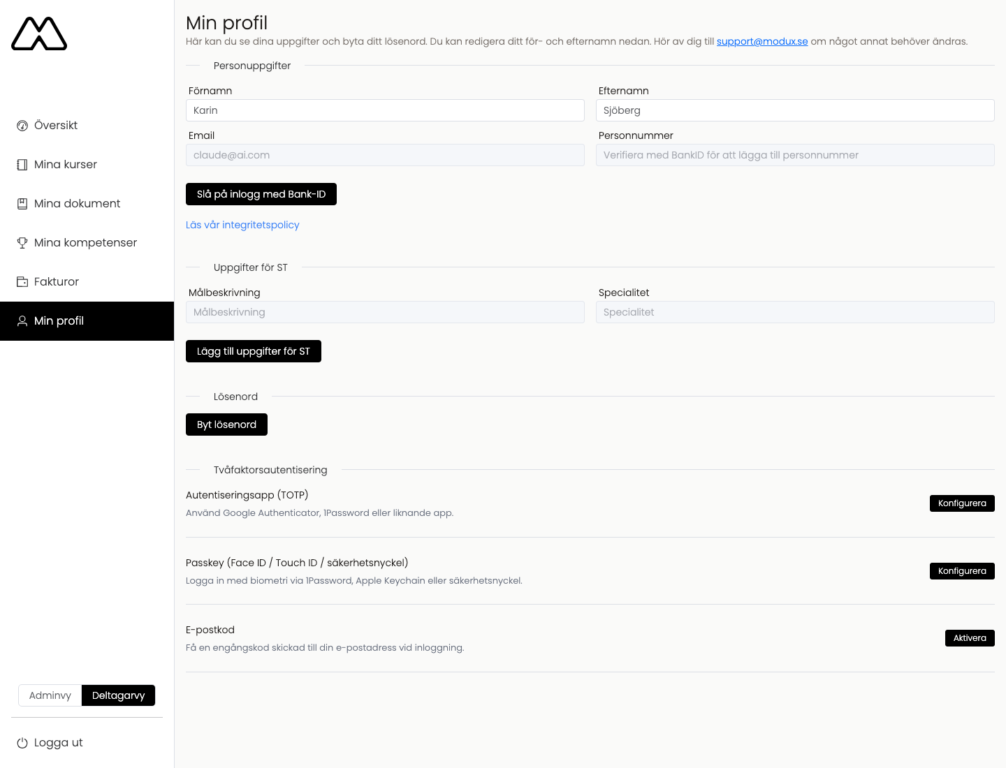 Min profil med Byt lösenord och säkerhetsinställningar
