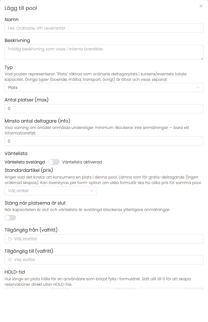 Dialogen för att skapa en kapacitetspool