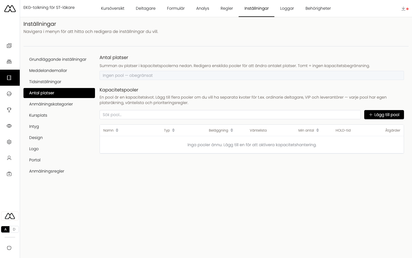 Antal platser med kapacitetspooler
